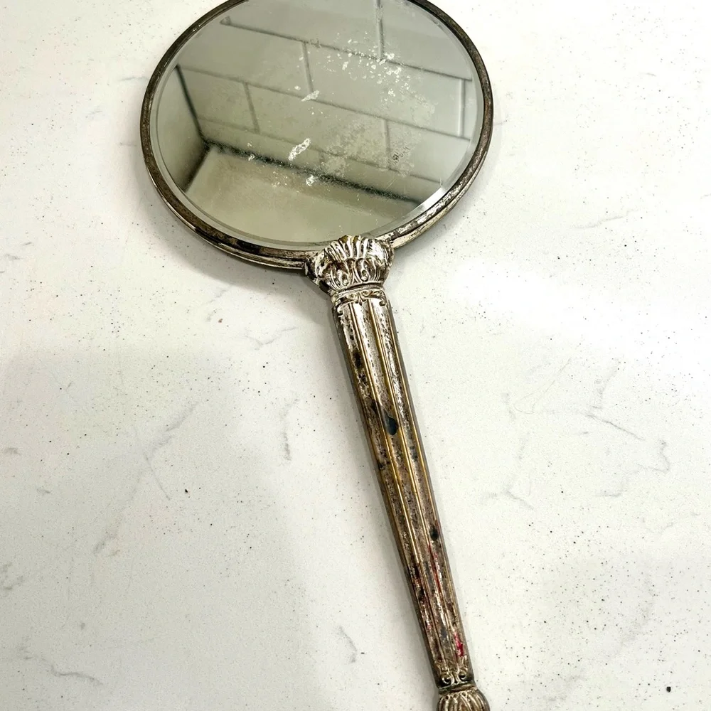 Antique Art Noveau Gilt Doe Leaf And Berry Hand Vanity Mirror Early 1900s